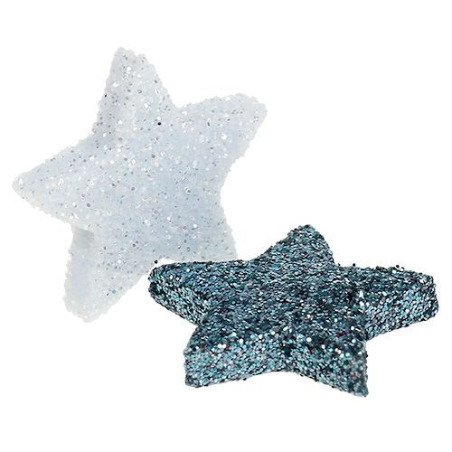 Artikel Julepynt stjerne 2,5 cm glimmer hvid, blå 48stk