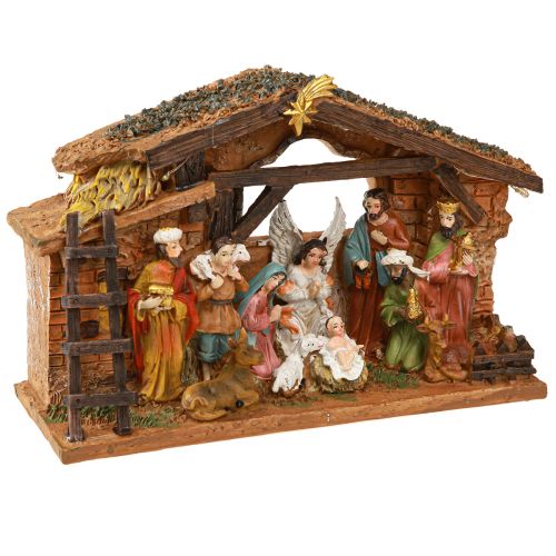 Artikel Julekrybbe med figurer og LED håndmalet 23×14cm