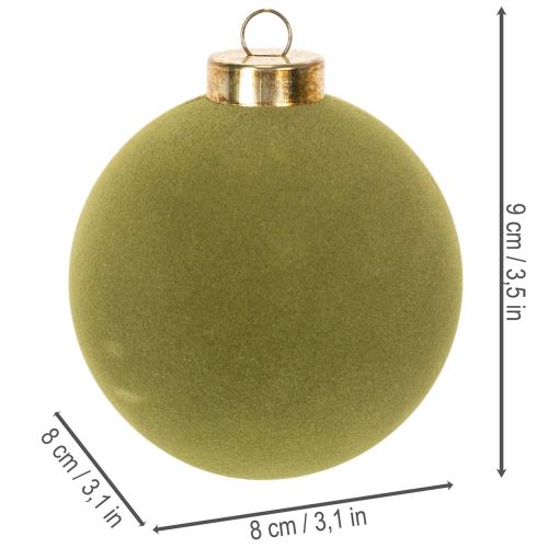 Juletræskugle, fløjlslook, grøn, tekstureret blanding, 8 cm, 12 stk. Julekugle, mosgrøn med flock, plastikkugler, mosgrøn med flock. Bomuldssnor medfølger til hver kugle. | Floristik24.dk