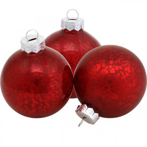 Juletræskugle, trævedhæng, julekugle rød marmoreret H6,5cm Ø6cm ægte glas 24stk