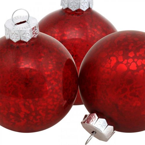 Artikel Juletræskugle, trævedhæng, julekugle rød marmoreret H6,5cm Ø6cm ægte glas 24stk