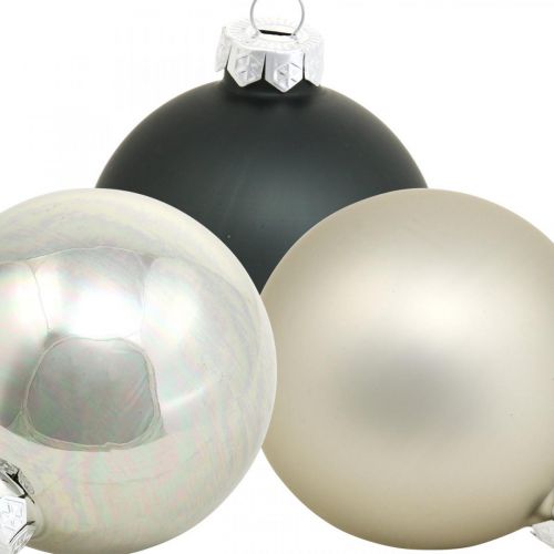 Artikel Julekugle, juletræsvedhæng, trædekoration sort/sølv/perlemor H6,5cm Ø6cm ægte glas 24 stk.