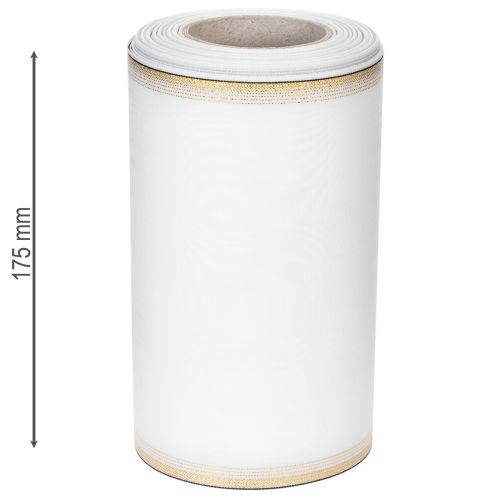 Artikel Hvidt moiré kransbånd med guldperlekant, 175 mm - Elegant bånd til dekoration og blomsterdekoration