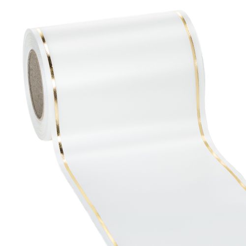 Floristik24 Hvidt kransbånd med guldkant til computertryk, satinbånd, vandtæt, 25m x 125mm