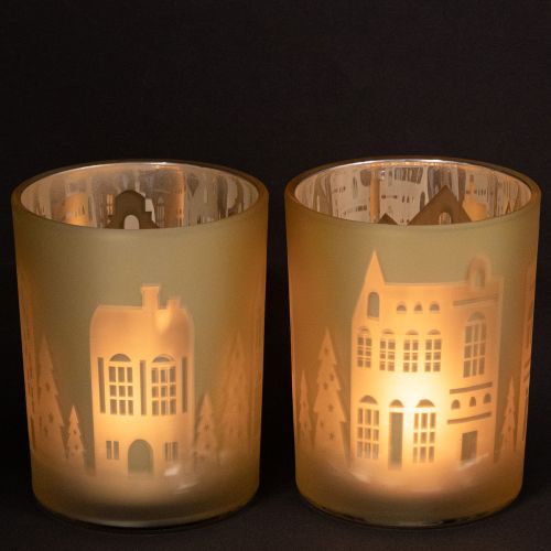 Artikel Lanterne glas sølv guld by silhuet H12,5 cm 4 stk
