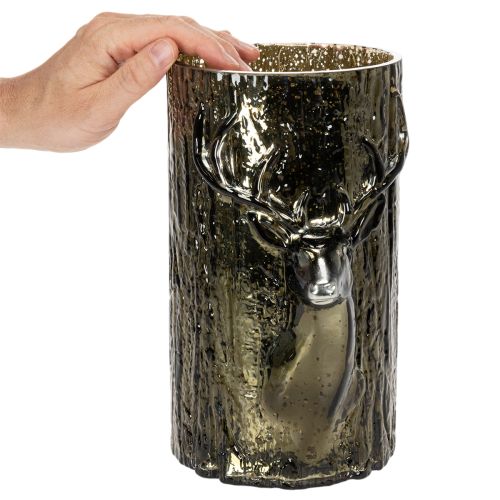 Glas fyrfadsstage med hjortehoved og trærelieffer, vinterdekoration, 26 cm | Floristik24.dk