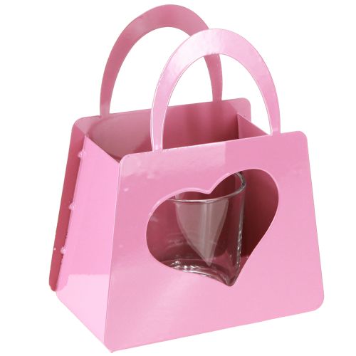 Lanterne metal med glasindsatspose lyserød H18cm 2 stk.