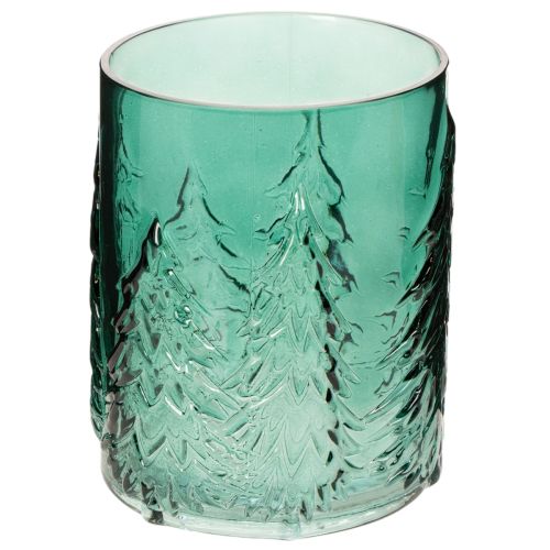 Glas fyrfadsstage med grantræer i relief, juledekoration, 16 cm