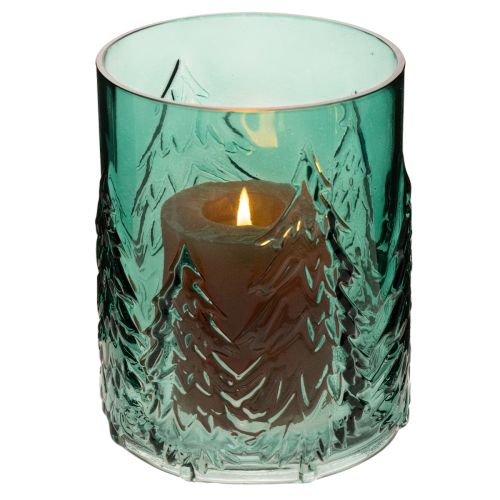 Glas fyrfadsstage med grantræer i relief, juledekoration, 16 cm | Floristik24.dk