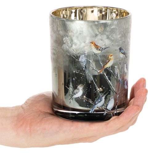 Lysestage med fugle, vinterdesign, blank, 12 cm | Floristik24.dk