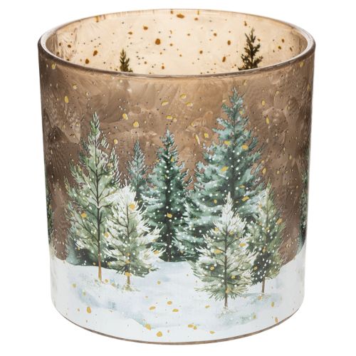 Glas fyrfadsstage med granskovsdesign, vinterdekoration, 15 cm