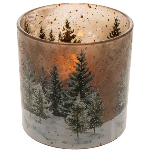 Glas fyrfadsstage med granskovsdesign, vinterdekoration, 15 cm | Floristik24.dk