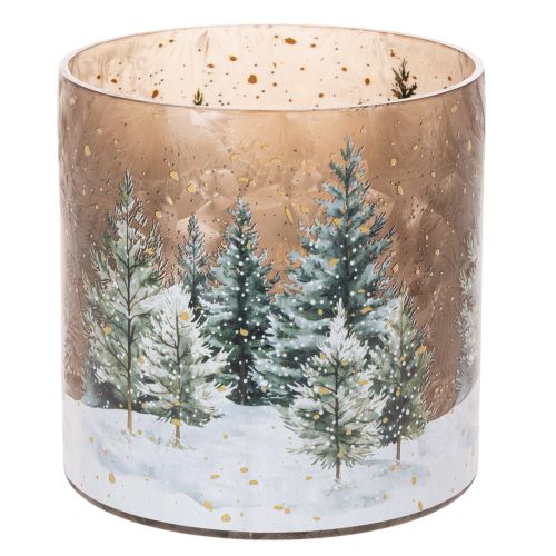 Glas fyrfadsstage med vinterskov i sne, juledekoration, 20 cm købe | Floristik24.dk