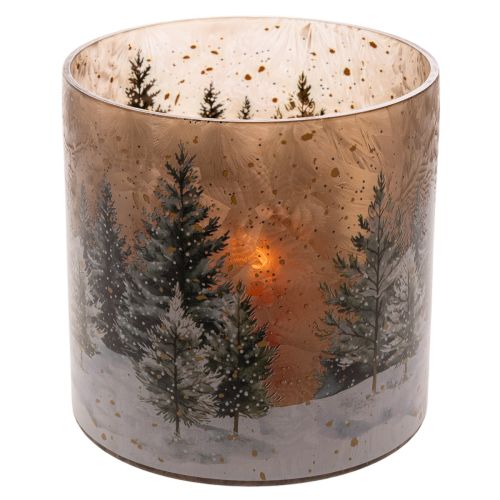 Glas fyrfadsstage med vinterskov i sne, juledekoration, 20 cm | Floristik24.dk