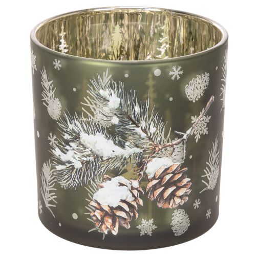 Glas fyrfadsstage med kogler og snefnug, 15 cm