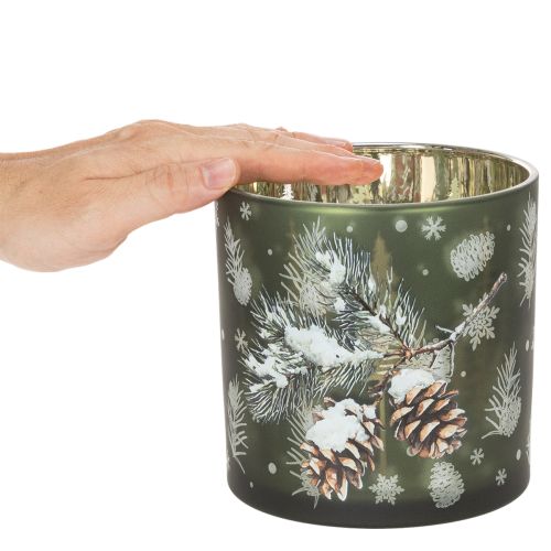 Glas fyrfadsstage med kogler og snefnug, 15 cm | Floristik24.dk