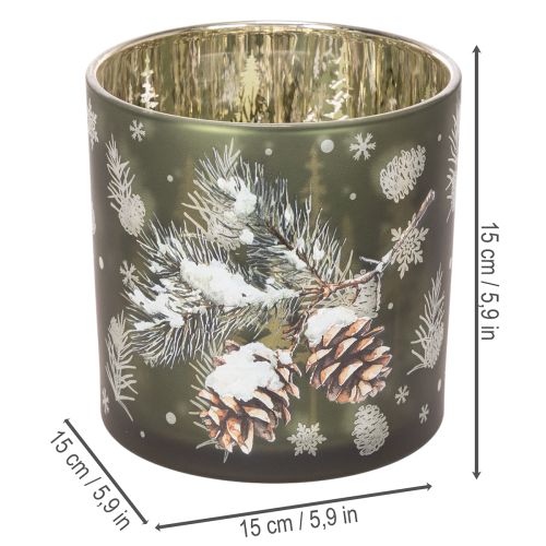 Glas fyrfadsstage med kogler og snefnug, 15 cm | Floristik24.dk