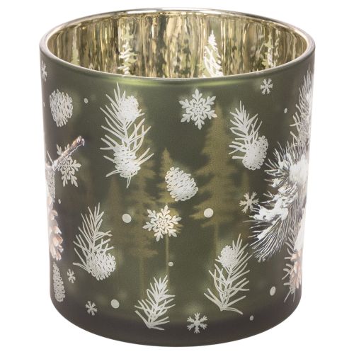 Glas fyrfadsstage med kogler og snefnug, 15 cm | Floristik24.dk