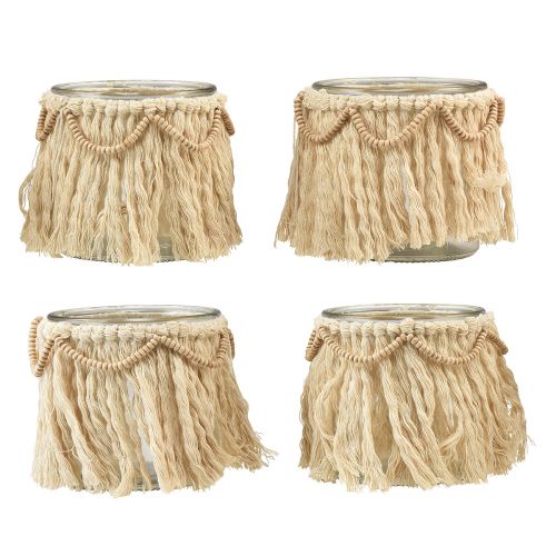 Floristik24 Lanterne Glas Frynser Makrame Creme Boho Ø9,5cm 4stk