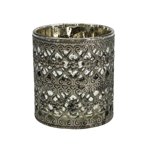 Lykteglas med orienteringsmønster sølv Ø7,5cm H8cm