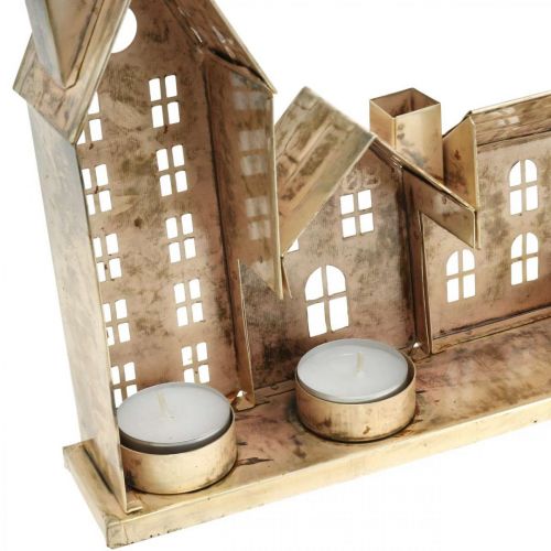 Floristik24 Julediorama, metaldekoration med belysning, lyshuse gyldne, vintage look L67,5cm H20cm
