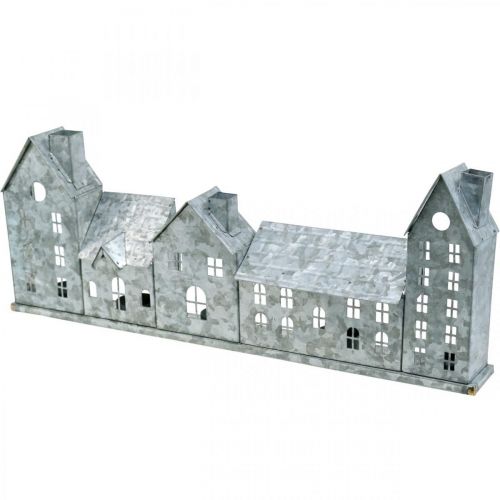 Række af huse, metaldekoration til belysning, adventsdekoration, sølvlanterne L52cm H20cm | Floristik24.dk