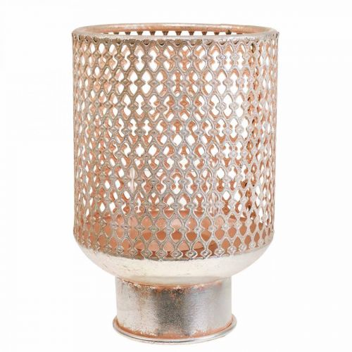 Lanterne metal lysestage glas sølv pink Ø18cm H27cm