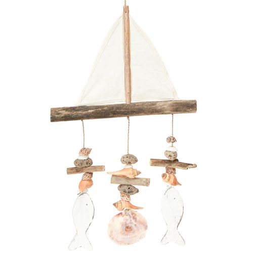 Vindklokke sejlskibsdekoration fisketræ hvid natur H56cm