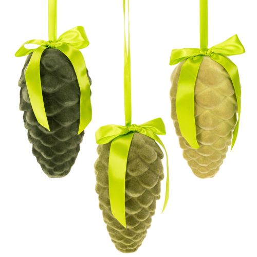 Dekorative kogler til ophæng, flockede kogler med bånd og sløjfe, 18 cm, 3 stk.