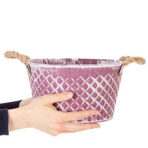 Zinkskål, diamantformet med rebhåndtag, violet og hvidvasket, Ø24,5 cm H14 cm | Floristik24.dk