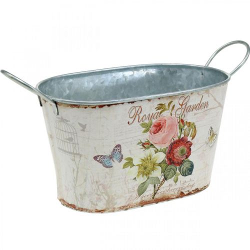 Artikel Vintage blomsterkar, metalkrukke med hanke, plantekasse med roser L18cm H10,5cm