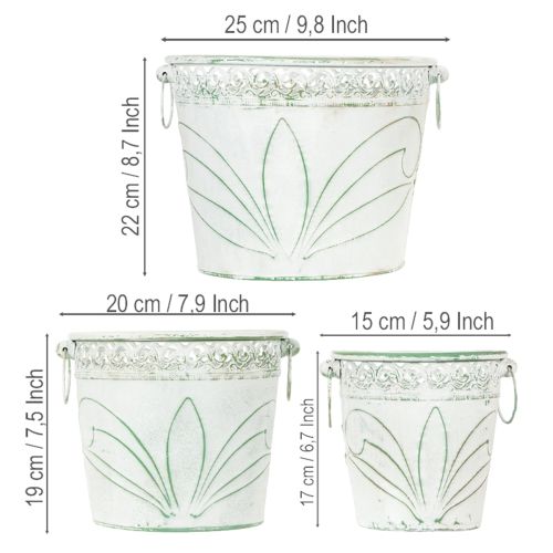Artikel Præget metalplantekasse med håndtag, hvid og grøn, shabby chic stil, H22/19,5/17,5 cm, Ø25,5/20,5/15,5 cm, sæt med 3 stk.