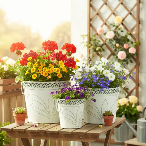 Præget metalplantekasse med håndtag, hvid og grøn, shabby chic stil, H22/19,5/17,5 cm, Ø25,5/20,5/15,5 cm, sæt med 3 stk. | Floristik24.dk
