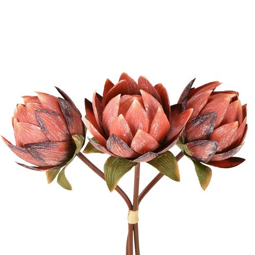 Dekorative Protea kunstige blomster rød-orange 34 cm 3 stk.