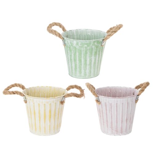 Floristik24 Dekorativ potte, metalspand til plantning, plantekasse med håndtag, pink/grøn/gul shabby chic Ø15cm H13cm 3-delt sæt