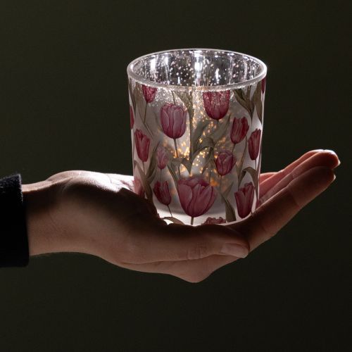 Artikel Dekorativ glaslanterne med tulipandesign til forårsindretning i hjemmet, 8 cm, 4 stk.