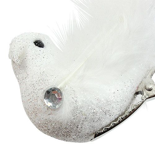 Artikel Dekorativ fugl på klemmen med glitter hvid 14 cm 2stk