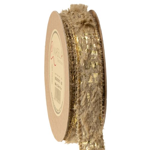 Dekorationsbånd med pels, kunstpelsbånd, brun guld, 25 mm, 15 m