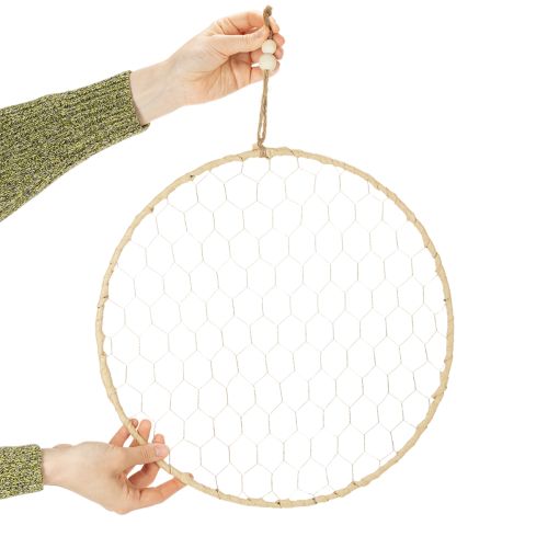 Artikel Dekorativ metalring Ø38 cm, hængende dekoration, raffia, sølv, naturlig, boho vægdekoration, alsidig dekoration, 4 stk.