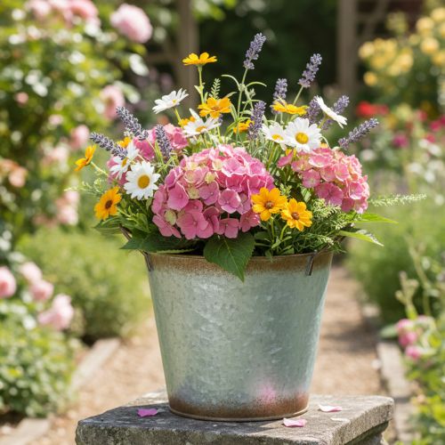 Artikel Dekorativ potte med håndtag, plantespand, metalbeholder, sølv, forvitret stål, Ø17 cm H16,5 cm