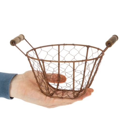 Trådkurv, metalkurv med hank, træ, rust, dekorativ, Ø18 cm | Floristik24.dk