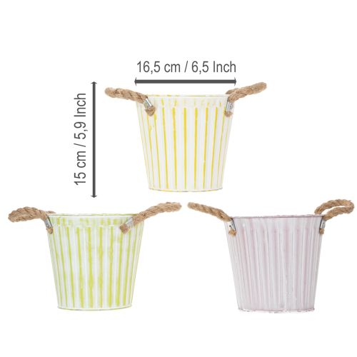 Artikel Spand til plantning, plantekasse med håndtag, metaldekoration pink/grøn/gul shabby chic Ø16,5 cm H15 cm 3-delt sæt