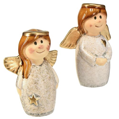 Artikel Charmerende engleduo lavet af keramik i cremehvid med guldaccenter - 8,6 cm - Himmelske dekorative figurer - 2 stk.