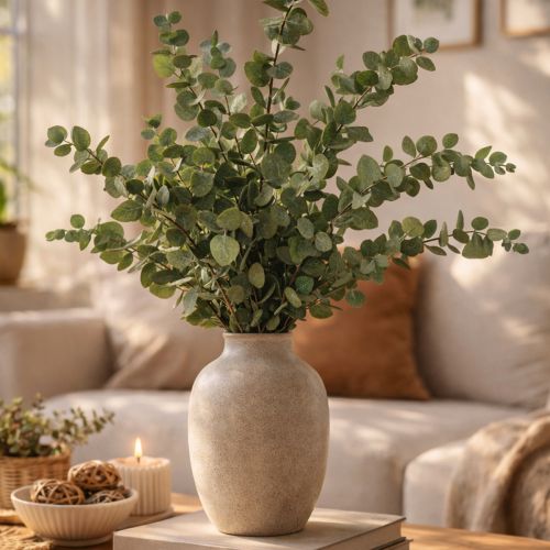 Artikel Konserverede dekorative grene og blade af eukalyptus, runde tørrede dekorationer, grønne, 150 g