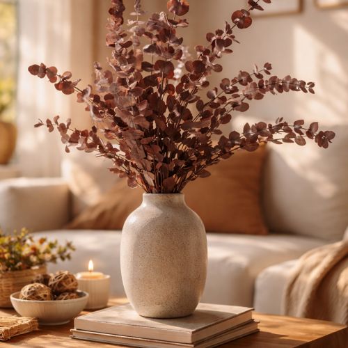 Artikel Eukalyptusgrene, konserveret eukalyptus, tørrede blomster, røde, 75 cm, 150 g