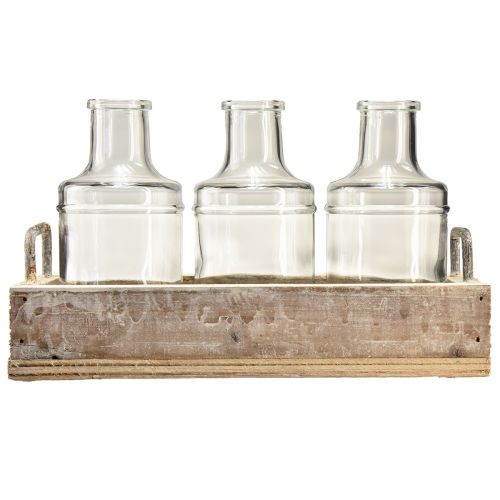 Artikel Flaske dekorativt glas med træbakke vintage 24x9,5x14cm