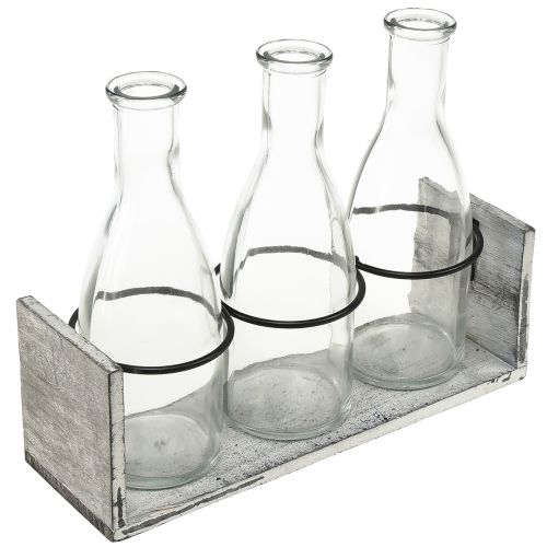 Artikel Rustikt flaskesæt i træstøtte - 3 glasflasker, grå-hvide, 24x8x20 cm - Alsidig til dekoration