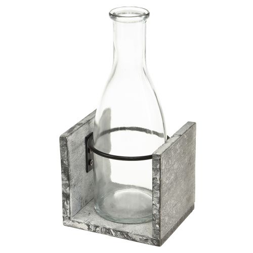 Artikel Glasvase i gråt træstativ, 9,5x8x20cm - Rustik dekoration med 4 flasker