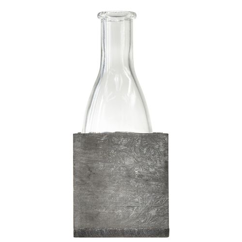 Artikel Glasvase i gråt træstativ, 9,5x8x20cm - Rustik dekoration med 4 flasker
