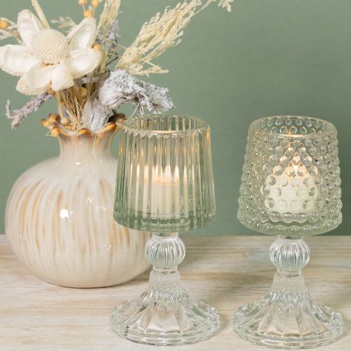 Artikel Glas fyrfadsstage med prikker og riller i bunden H15cm 2 stk.